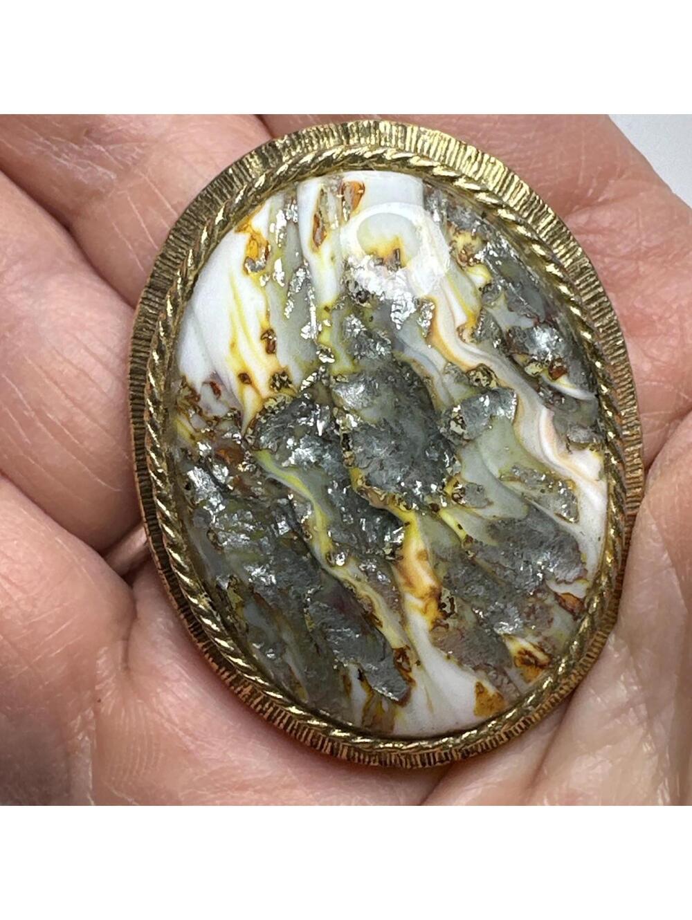 Vintage Original by Robert Brooch Pendant Mottled Stone Goldtone Setting Pretty